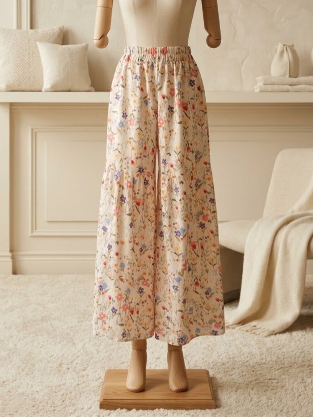 Floral Wide-Leg Elastic Waist Pants | Unknown Brand | Small